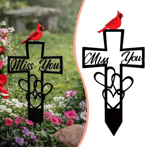 Cardinal Grave Decorations for Cemetery, Cardinals Memorial Grave Markers with Cross, "Miss You" Script & Heart Accent, Outdoor Ground Metal Memorial Stake for Cemetery, Garden, Memorial Tribute