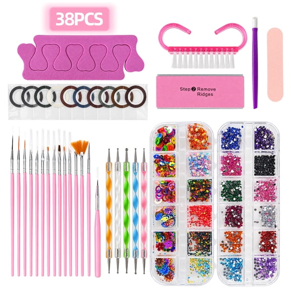AllAreN 38 Pcs Nail Art Tools Set, Nail Art Kit include 4-Way Nail Buffer Block, Nail File, Toe Separators, Press Stick, Nail Art Brushes, Dotting Tools, Striping Tape, Sequin and Brush