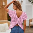 thumbnail image 7 of Backless Cross V-Neck Top for Women - Short Sleeve Graphic Print Tee, Sexy Open Back Blouse for Women's Summer Party & Casual Outfits Pink XL, 7 of 7
