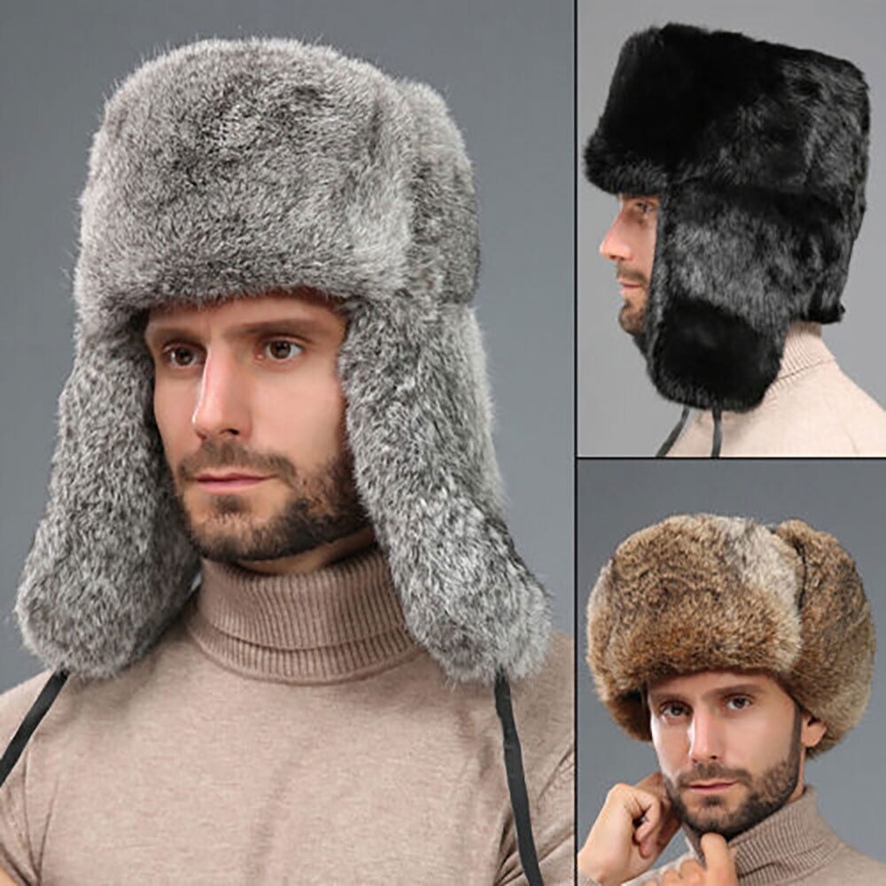 Men's Winter Hat Imitation Russia Fur Trapper Earflap Ski Cap Ushanka