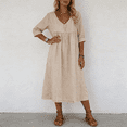 thumbnail image 4 of Summer V Neck Midi Dress for Women 3/4 Sleeve Solid Cotton Linen Dresses Casual Loose Beach Vacation Dresses with Pocket, XL, 4 of 4