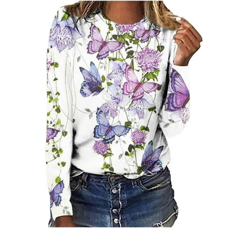 Women Summer Tops Floral Print Pattern Casual T-Shirts Long Sleeve Crewneck Shirts Pullover Loose T-Shirt Blouse Best Deals Sales Today Clearance Prime Only1