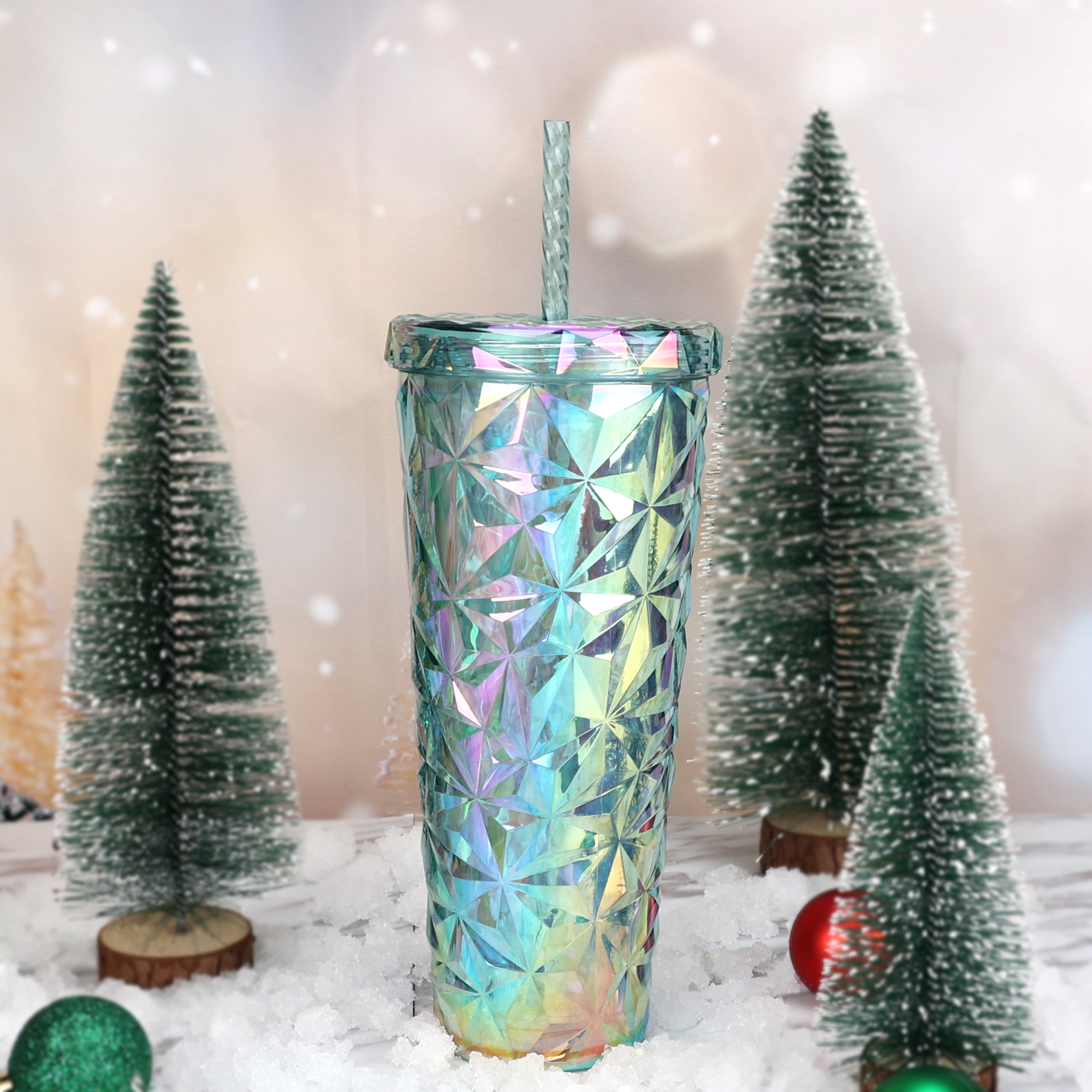 Holiday Time 26 oz Plastic Double Wall Insulated Prismatic Textured Tumbler with Straw, Blue Iridescent