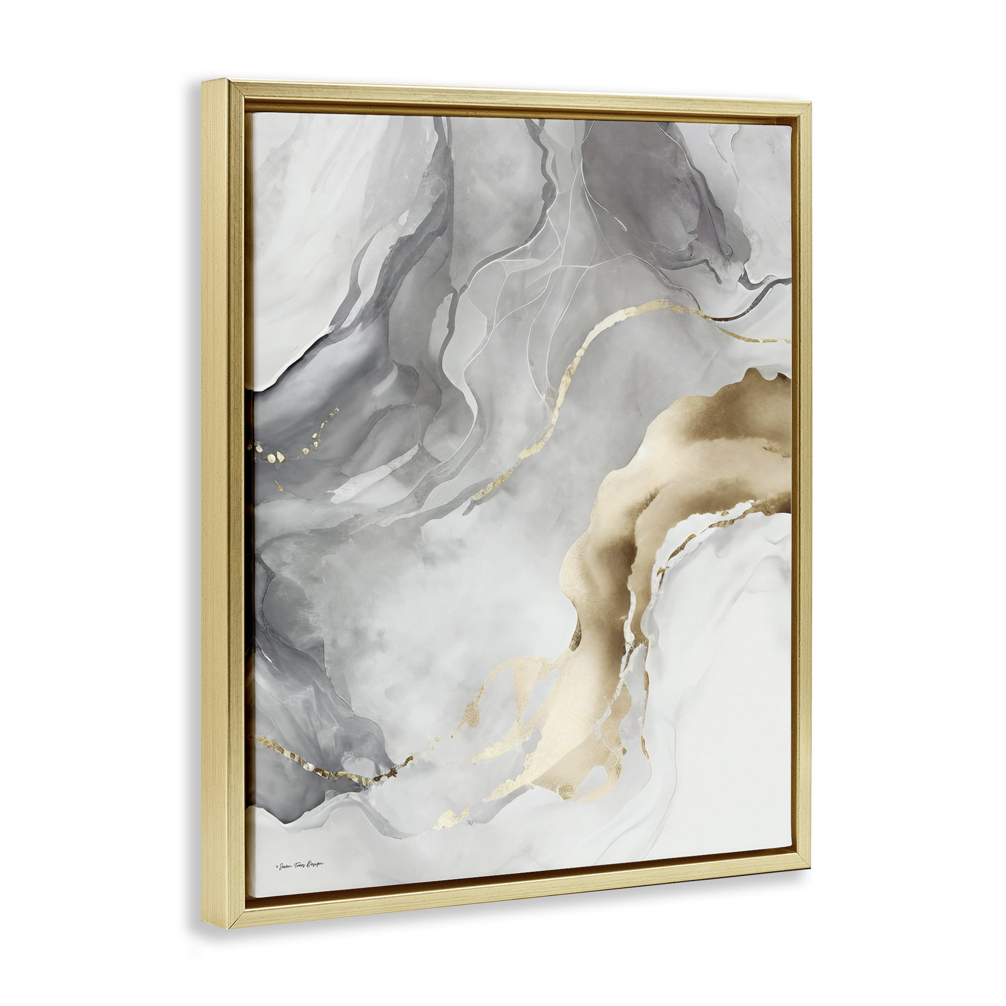 Stupell Industries Marbled Grey & Glam Abstract Painting Gold Floater Framed Canvas Art Print Wall Art, 17 x 21