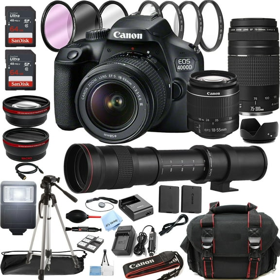 Canon EOS 4000D / Rebel T100 DSLR Camera with 18-55mm   75-300mm   420-800mm Super Telephoto Lens   Optics Filter Set, Camera Bag   Sandisk Ultra 128GB Memory   Al's Variety Cleaning Kit, And More