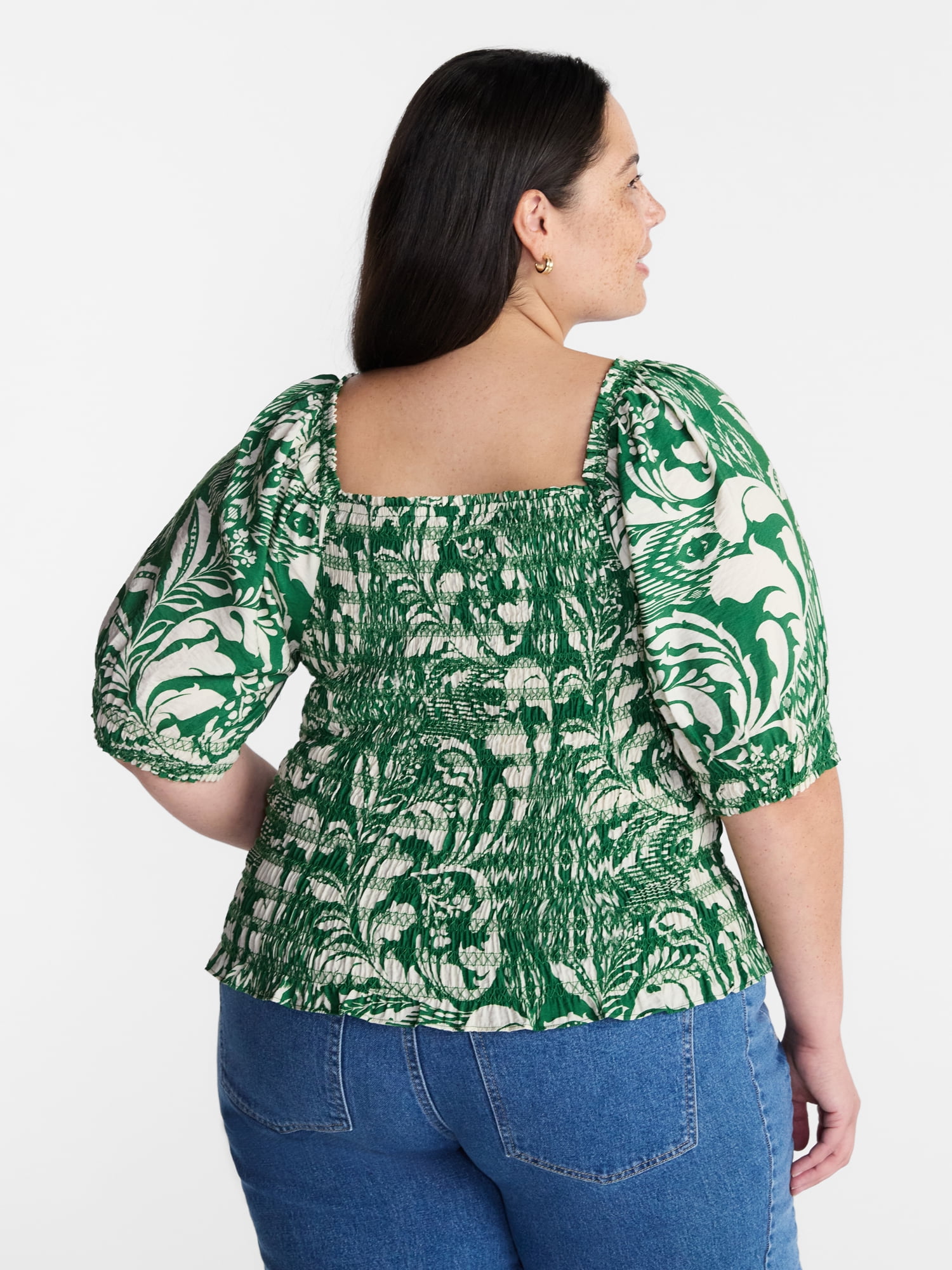 Terra and Sky Women’s Plus Smocked Blouse with Elbow Length Sleeves, Sizes 0X-4X