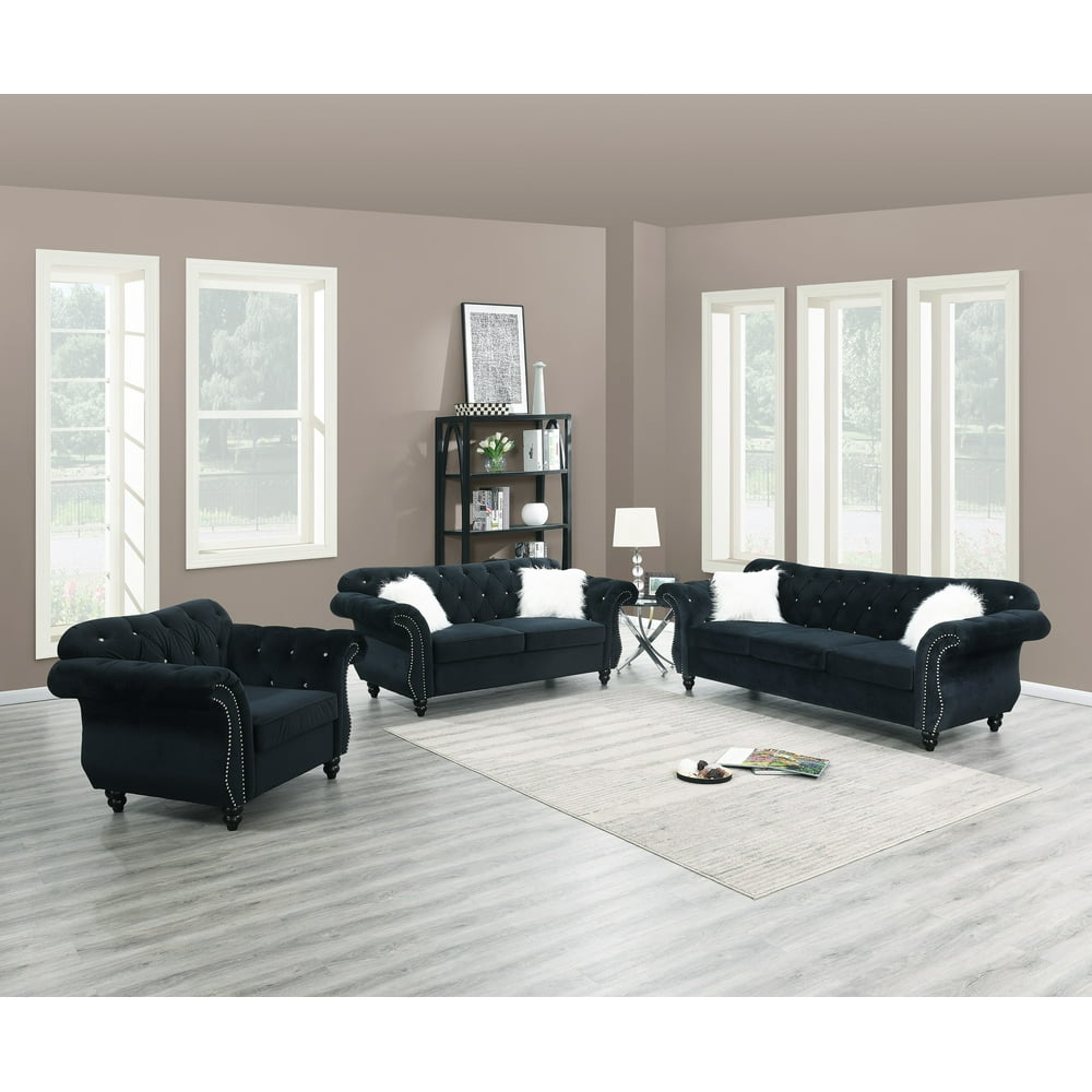 Luxurious Black Velvet Fabric 3pcs Sofa set Tufted Sofa Loveseat Chair Living Room Furniture