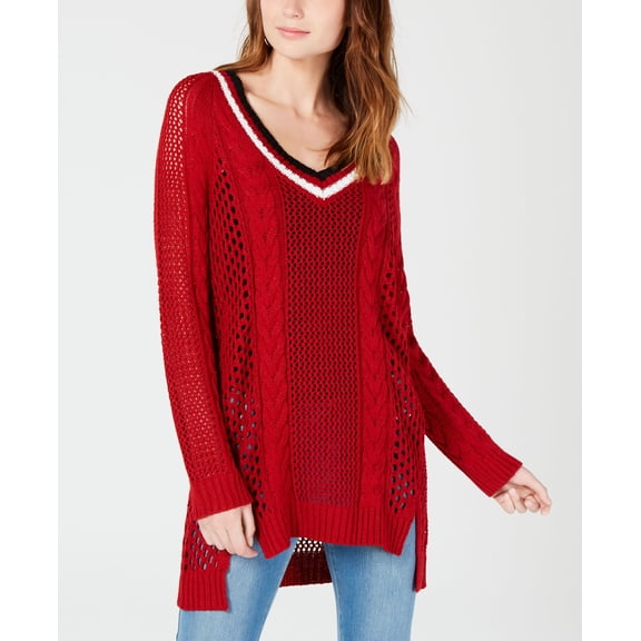 Ultra Flirt By Ikeddi Juniors Pointelle Varsity Tunic Sweater Chili Pepper S