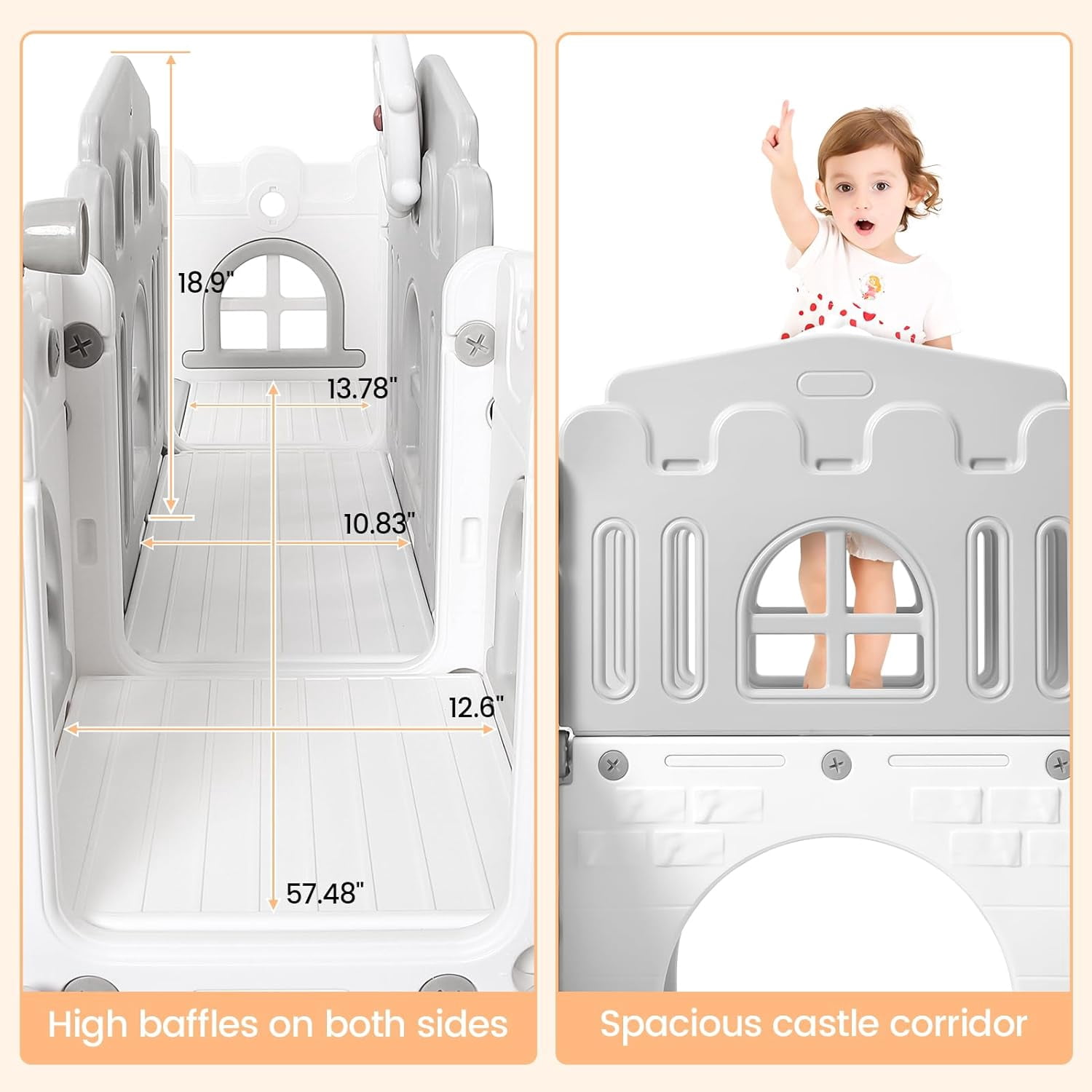 8 in 1 Toddler Slide Indoor Playground, Indoor Slide Toddler Playset for Toddlers 1-3, Kids Outdoor Playground with Slide, Basketball Hoop, Climber, Crawling Tunnel, Telescope, Grey & White