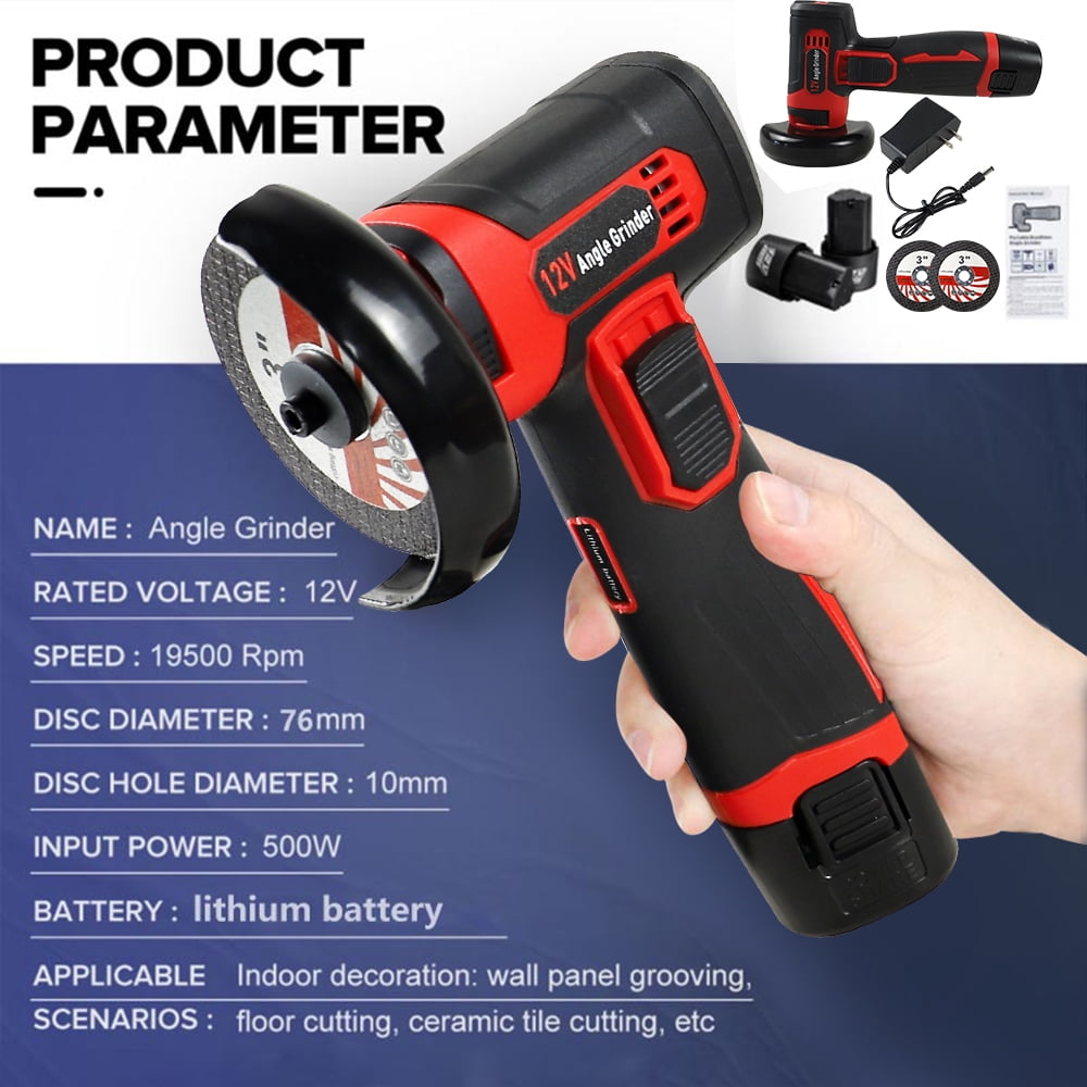 NEWONE Cordless Angle Grinder Kit 12V 19500rpm with 2pcs 1500mAh Battery and 5 Cutting Discs 3 inch Mini Angle Grinder for Cutting Grinding Polishing