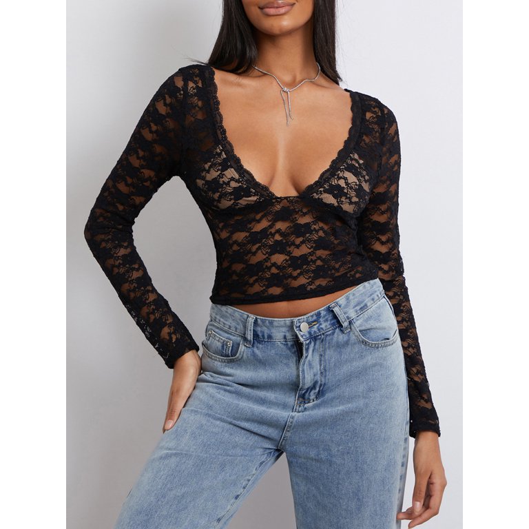Women Lace Long Sleeve Shirt Top Y2K Slim Fit Crop Top Sexy