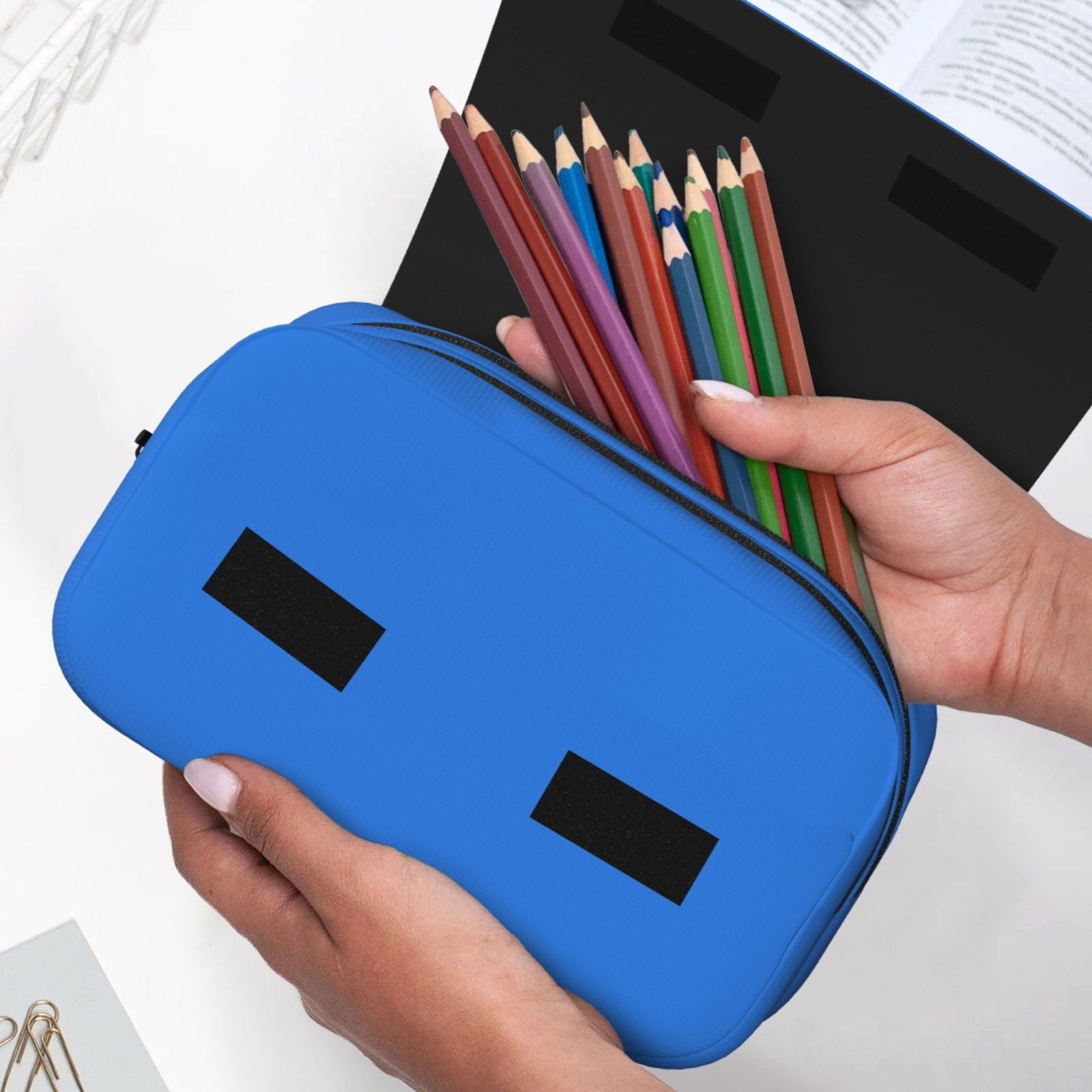 Rateoe Dodgerblue Pattern Double Clamshell Pen Case, Storage Organizer with Two Zipper Compartments– Holds Up to 50 Pencils & Pens