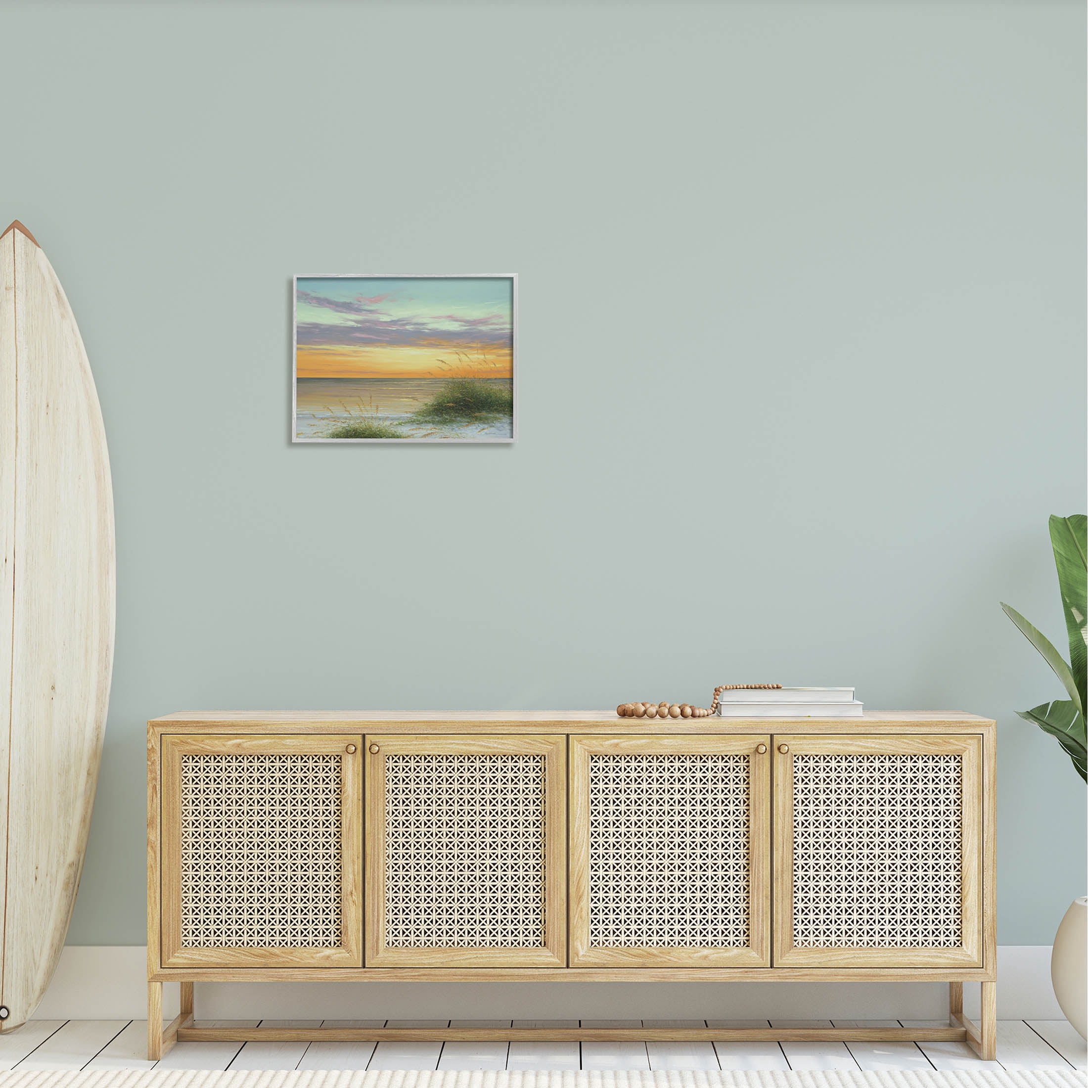 Coastal Reeds Sunset Beach Shore Coastal Painting Gray Framed Art Print Wall Art