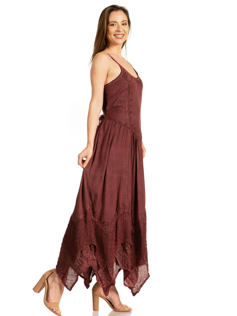 Sakkas Rayon Embroidered Stonewashed Adjustable Spaghetti Straps Long Dress  - Chocolate - L/XL - Walmart.com