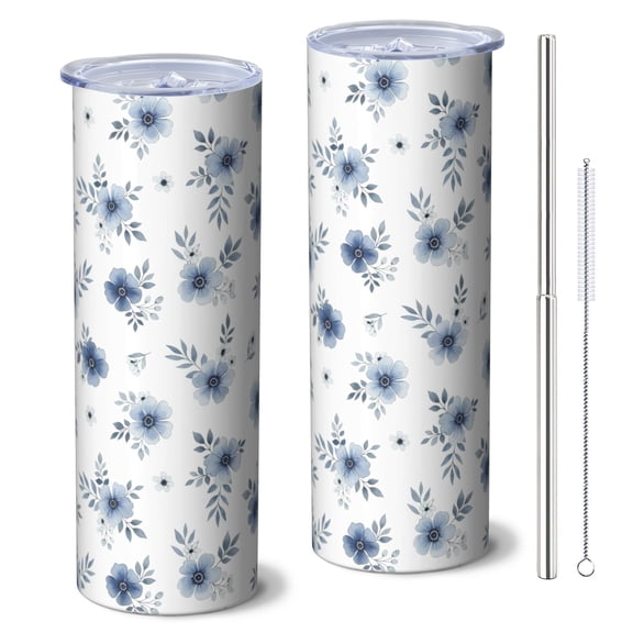Pioneer Flower Floral Print Pattern 20oz Skinny Tumbler with Straw & Lid, Double Wall Vacuum Insulated Cup, Leak-Proof, Cup Holder Friendly, Hot 6H Cold 12H