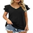 thumbnail image 2 of CHOK Womens Tops Summer Double Ruffle Short Sleeve V-Neck Casual Blouses  Colorful Leaves-L(US 12-14), 2 of 5