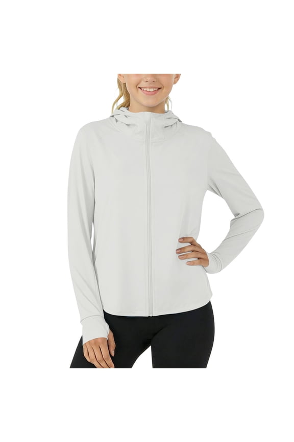 Boys Girls UPF50+ Sun Protection Hoodie, Full Zip Long Sleeve Rash Guard with Face Cover & Thumb Holes, Quick Dry Outdoor Jacket for Teen Size 120-140 White