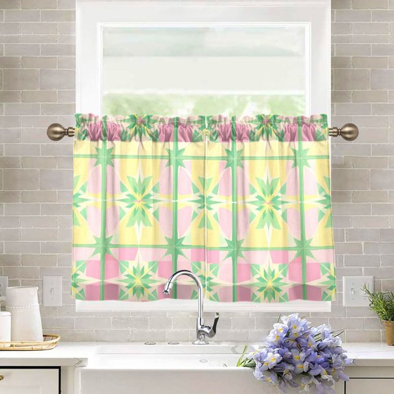 Yayeee Kitchen Curtains Light Filtering 27"x24" Rod Pocket Short Cafe Window Panel, Retro Beige Stars