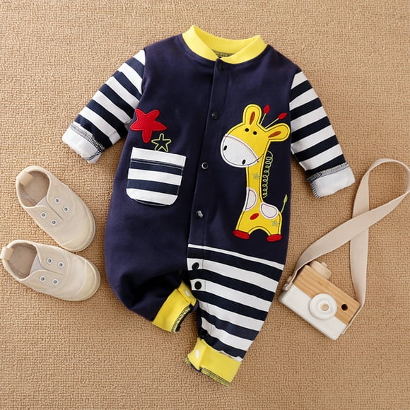 PatPat Baby Boy / Girl Cute Giraffe Embroidery Stripe Design Long-sleeve Jumpsuit
