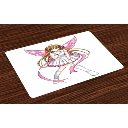 

Anime Placemats Set of 4 Cartoon Illustration of a Pixie Character with Hearts and Wings Fantastic Fairy Angel Washable Fabric Place Mats for Dining Room Kitchen Table Decor Multicolor by Ambesonne