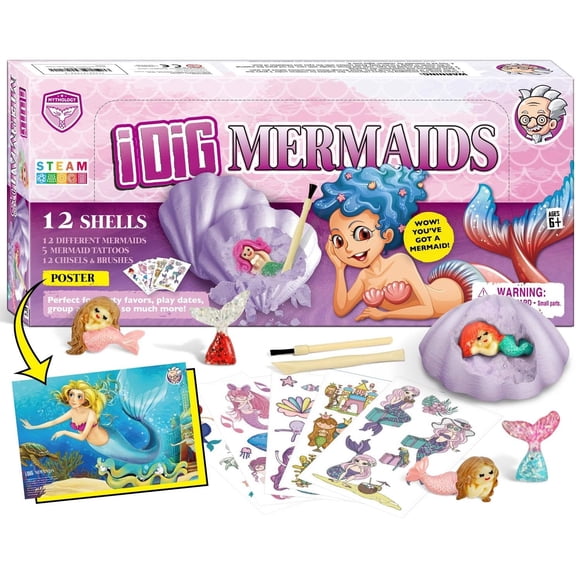 12 Pack Mermaid Dig Kit for Kids - Individual Excavation Blocks with Undersea Treasures, STEM Educational Toy, Perfect Birthday Party Favors Ages 6-12