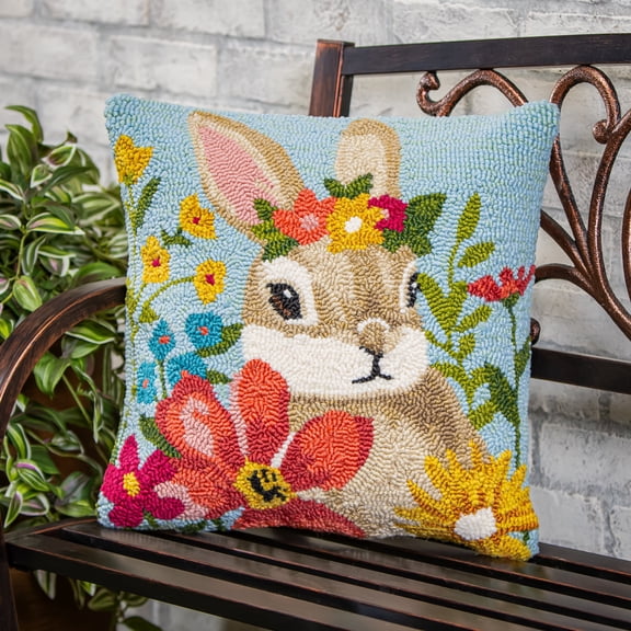 Indoor/Outdoor Spring Bunny Hooked Polypropylene Throw Pillow 18"x18"