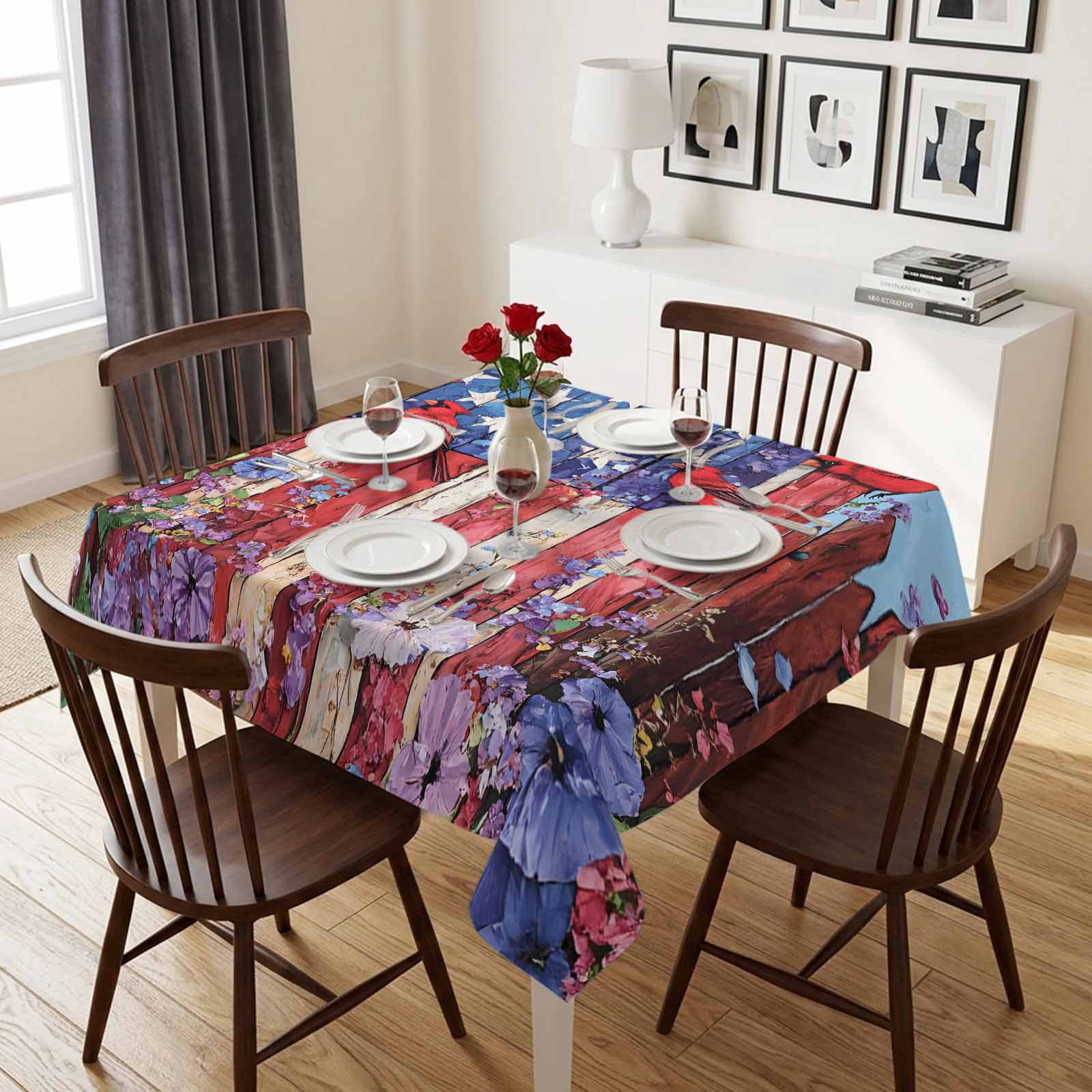Square Tablecloths, 4th of July Retro USA Flag Bird Waterproof Table Cloths, Red Blue White Wood Floral Spillproof Decorative Dining Table Covers for Kitchen,Indoor Outdoor Parties, Camping 54x54in