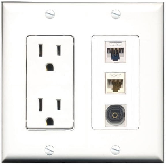 RiteAV - 15 Amp Power Outlet 1 Port Toslink 1 Port Cat5e Ethernet White 1 Port Cat6 Ethernet Ethernet White Decorative Wall Plate