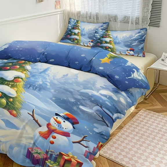 Merry Christmas Snowman Christmas Tree Duvet Cover Set Bedding Set Polyester Quilt Cover for Bedroom Decoration