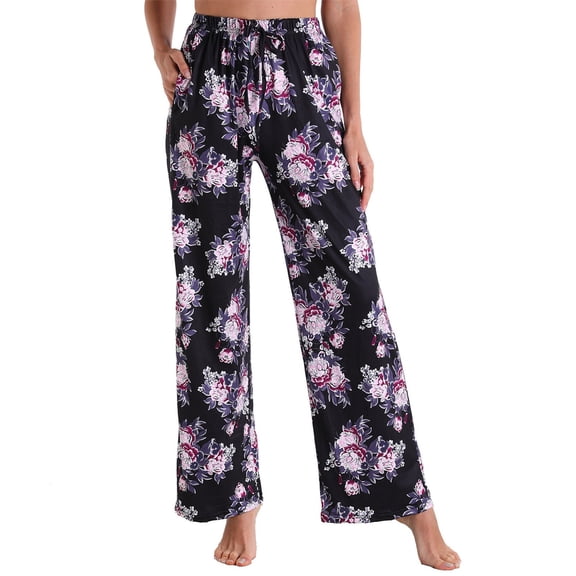 Sakmal Cotton Womens Lounge Pants Wide Leg Plus Size Sleepwear Cozy Black Womens Sleep Pants with Pockets