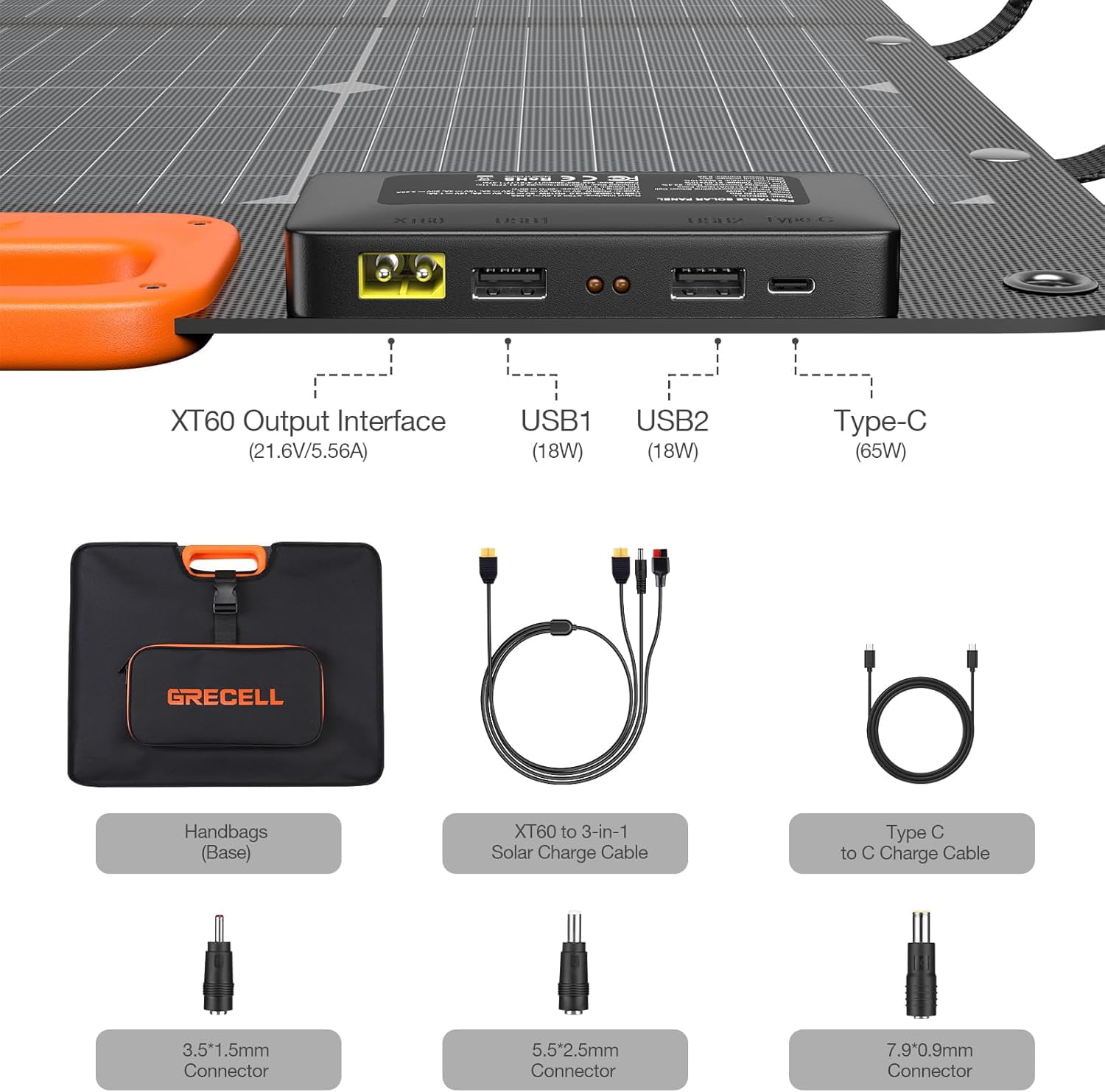 GRECELL 120W Bifacial Portable Solar Panel for Power Station Generator, 21.6V Foldable Waterproof Solar Charger with XT60/Type-C/2 USB DC Output for Camping, RV, Outdoor