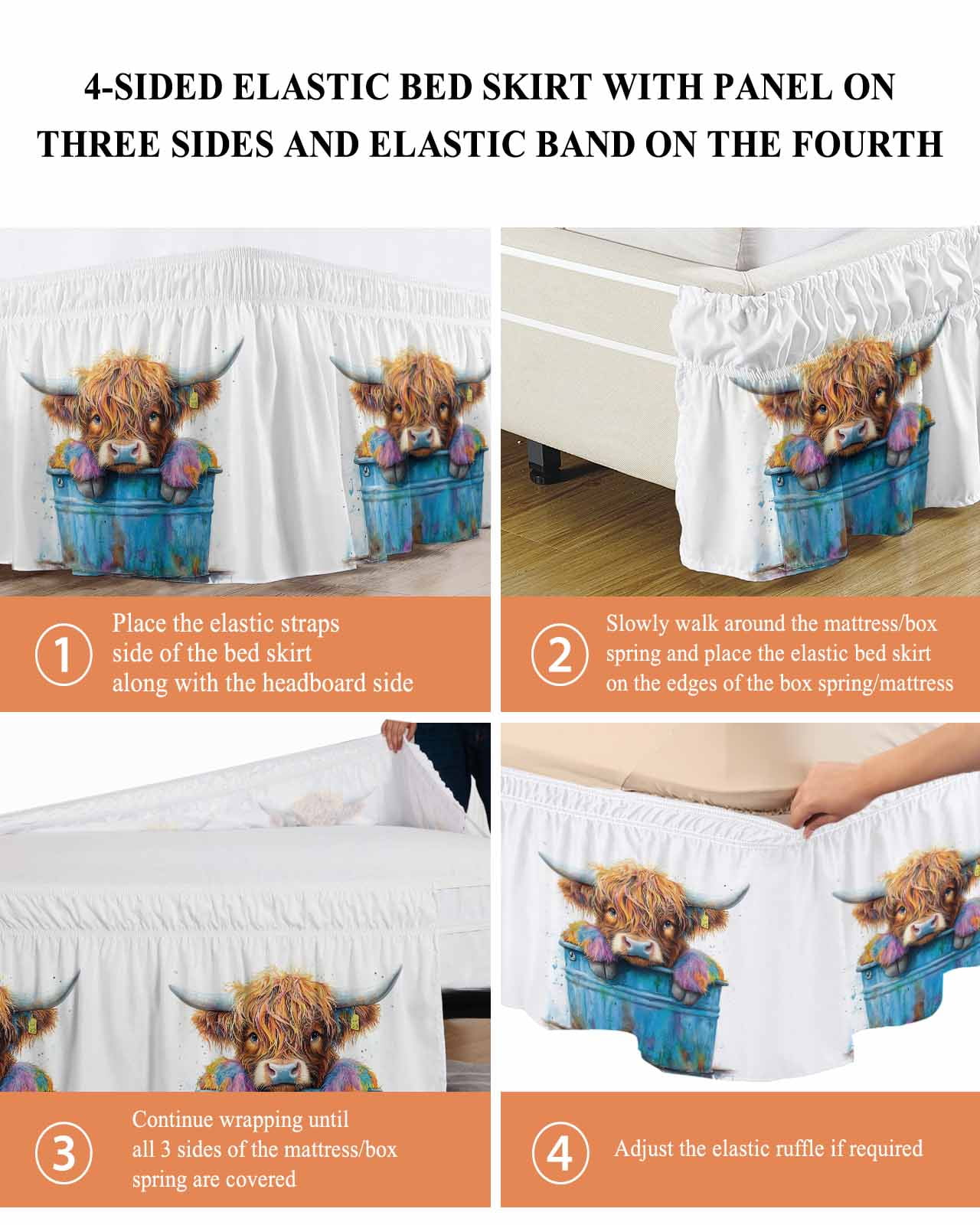 Highland Cattle Bed Skirt Farmhouse Cow Funny Animal Bed Skirts Queen Size 18 Inch Drop, Wrap Around Dust Ruffle&nbsp;Bedskirt with Adjustable Elastic Belt for Queen Size Beds