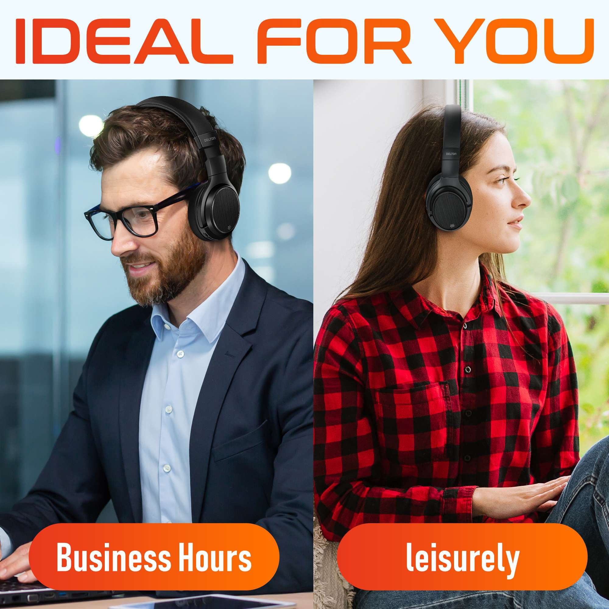 Delton M101D Active Noise Canceling Bluetooth Headphones , Wireless Over Ear Bluetooth Headsets with Microphone, Ergonomic Design and Comfort Fit Ear Cups for Home/Office/Travel - Black