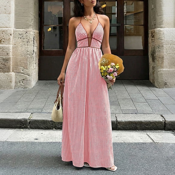 Uootdi Womens Maxi Dresses Vertical Stripe Print Halter Neck Deep V Sleeveless Flowy Long Dresses Sundresses Boho Vacation Style Gift