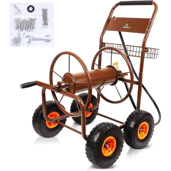 UOKRR Rustproof Outdoor Portable Garden Hose Cart with 4 Wheels, Heavy Duty Freestanding Water Hose Reel