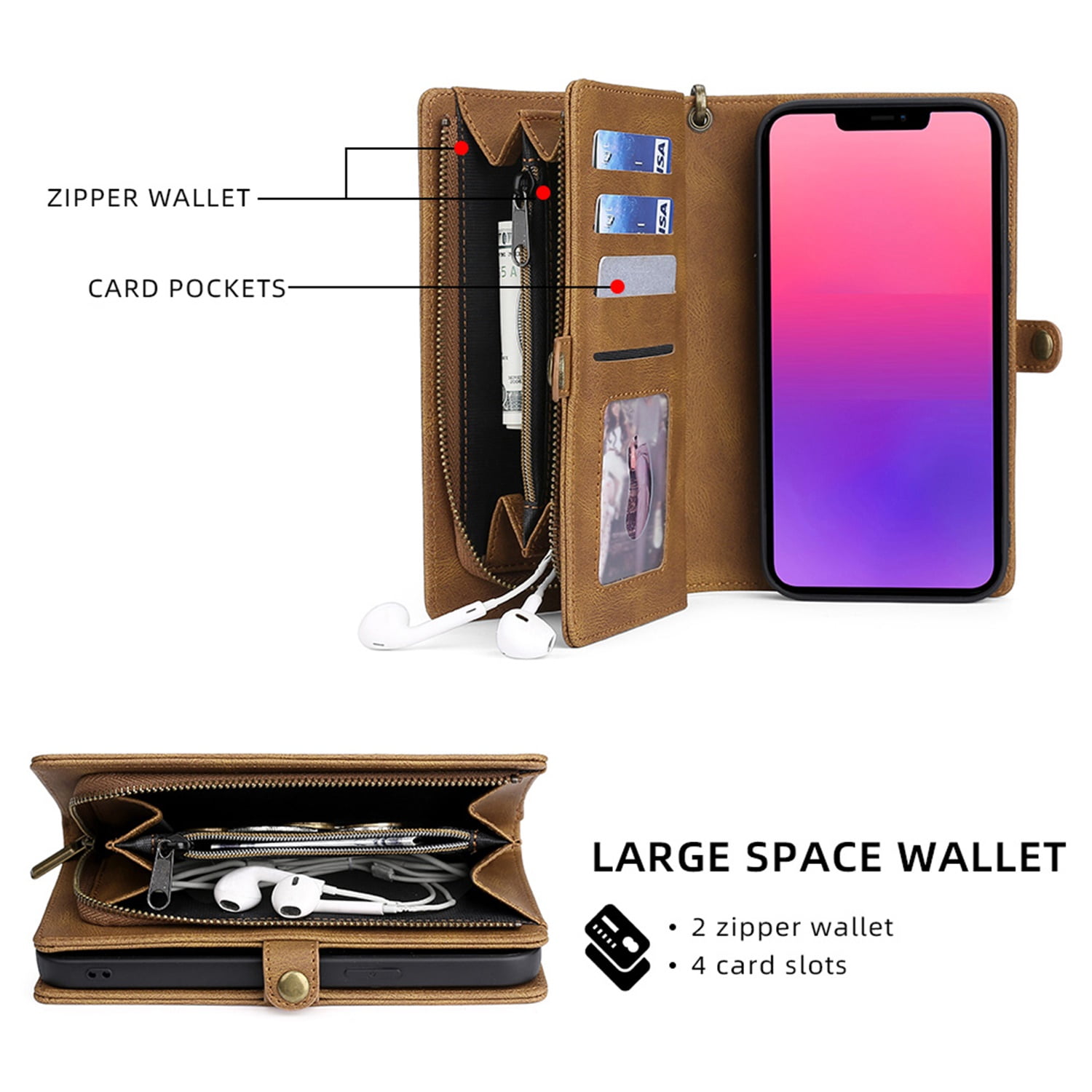 Defencase for iPhone 11 Case for Women Men, Removable Durable PU Leather Magnetic Flip Strap Wristlet Zipper Purse Card Holder Detachable Wallet Phone Cases for iPhone 11, Brown