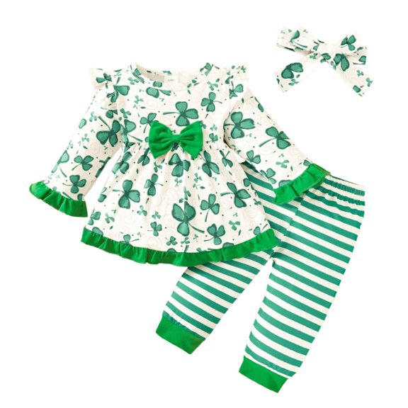 TFEOQRY Infant Girls St. Patrick's Day 2 Pieces Outfits Infant Green Shamrocks Ruffle Long Sleeve Floral Bandeau Dress Top Striped Pants Tiaras Set Green