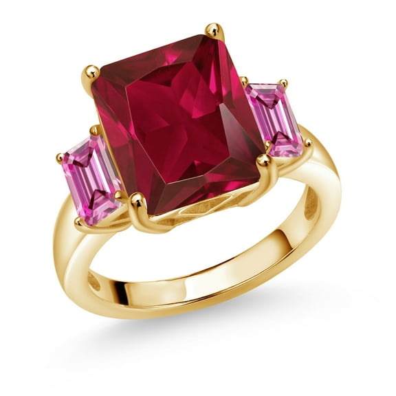 Gem Stone King 18K Yellow Gold Plated Silver 3-Stone Ring Octagon Red Created Ruby and Vivid Pink Moissanite (6.84 Cttw, Size 5)