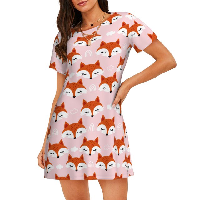 Easygdp cute fox pink Camisón de manga corta para mujer, informal, estampado