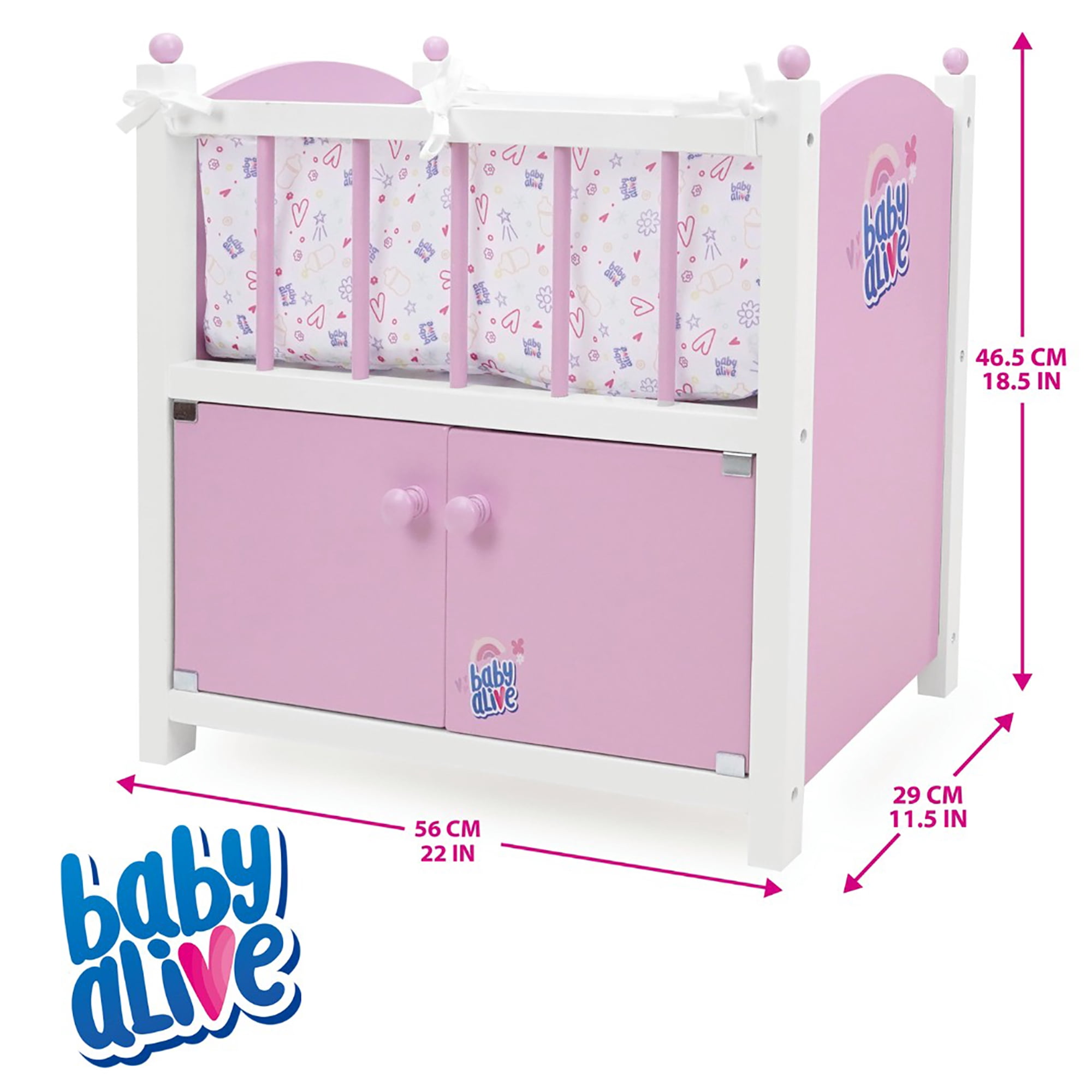 509 Crew: Baby Alive - 2-In-1 Wooden Doll Crib - Pink-White-Purple, Built-In Storage Cabinet, Pillow-Blanket, Doll-Plush Sleep Accessory Toy, Kids 3+