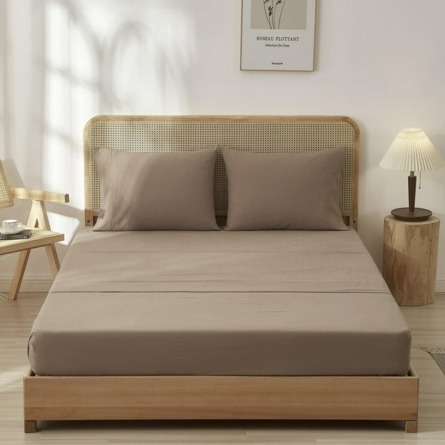 Ensemble de Draps en Coton Lavé, Sensation Lin, Naturel, Infroissable, Respirant, Léger (Grand Gris Crème)
