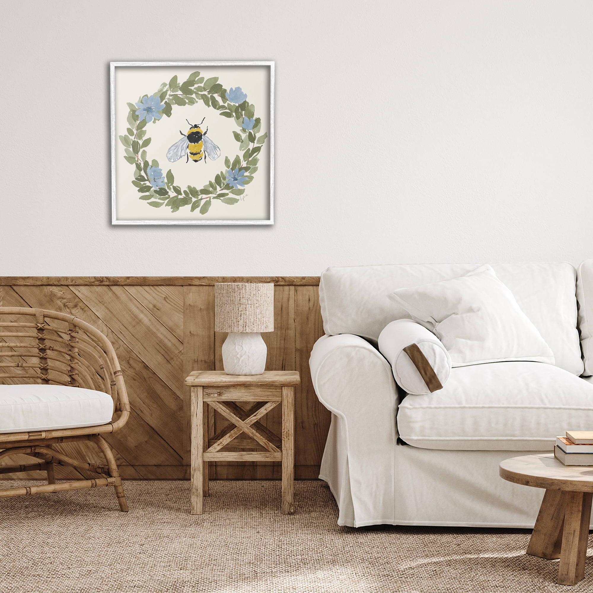 Stupell Industries Floral Wreath Bee Celebration White Framed Giclee Art, design by Lucille Price