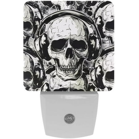 

Funny Skull in Earphones Seamless Background LED Night Lights Dusk To Dawn Smart Sensor 0.5W Plug-In Night Lights Lamp For Bedroom Bathroom Kitchen Hallway Stairs 2Pack