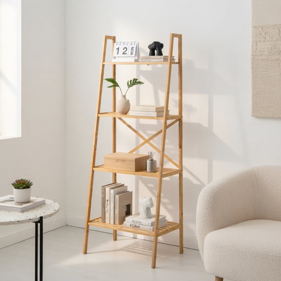 Demi Bonn 4-Tier Bamboo Ladder Bookshelf, 58" Bamboo Bookcase Storage Stand Rack, Beige