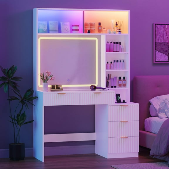 Fluted Vanity Desk with Mirror, Sync Music LED Lights, Power Outlet, Makeup Vanity Table for Bedroom,with Glass Cabinet, Glass Top, 4 Shelves, 5 Drawers,White