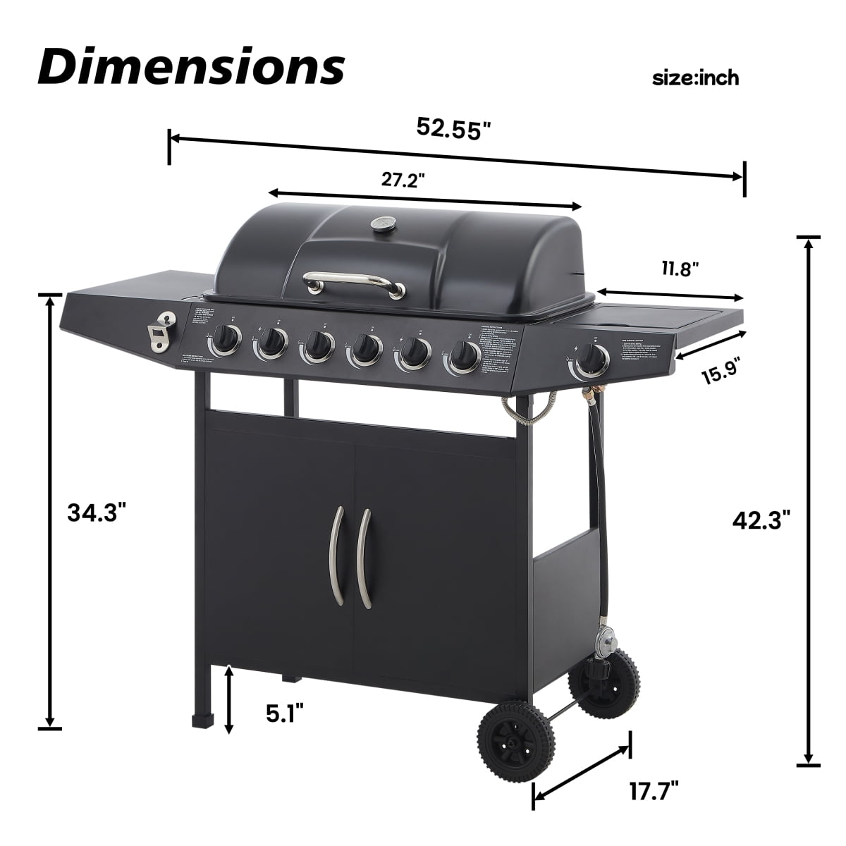 6 Burner BBQ Propane Gas Grill with Side Burner 59000 BTU Output Stainless Steel Barbecue Grill with Enamel Coated Grates and Side Tables for Outdoor Cooking Kitchen and Patio Backyard