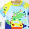 thumbnail image 5 of Rggeeun Boys Child Swimsuit Set Cute Dinosaur & Car and Coconut Tree Print Short Sleeve Crew Neck Top & Elastic Waist Wide Leg Swim Trunks for Summer Beach Surf Lightweight Swimwear,Blue,7-8 Years, 5 of 8