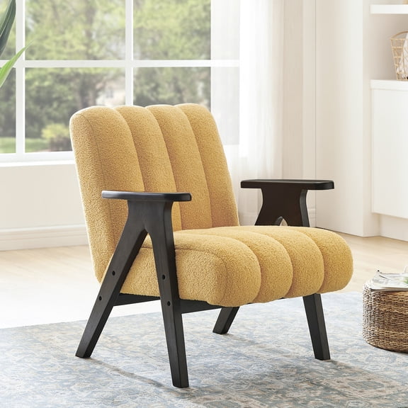 Teddy Sherpa Upholstered Accent Chair with Espresso Rubberwood Frame / Comfortable Seating for Living Room, Bedroom or Office