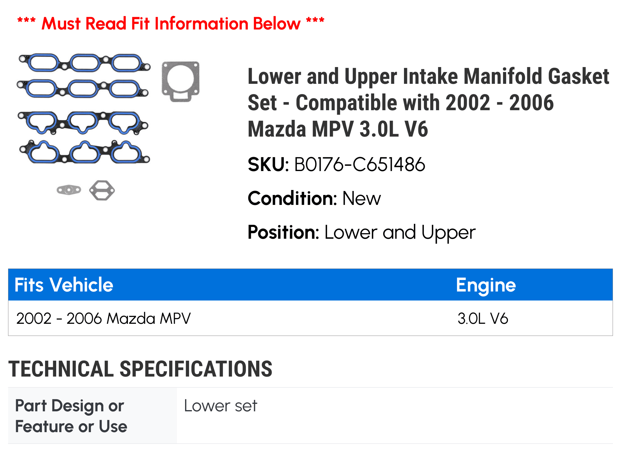 Lower and Upper Intake Manifold Gasket Set - Compatible with 2002 - 2006 Mazda MPV 3.0L V6 2003 2004 2005