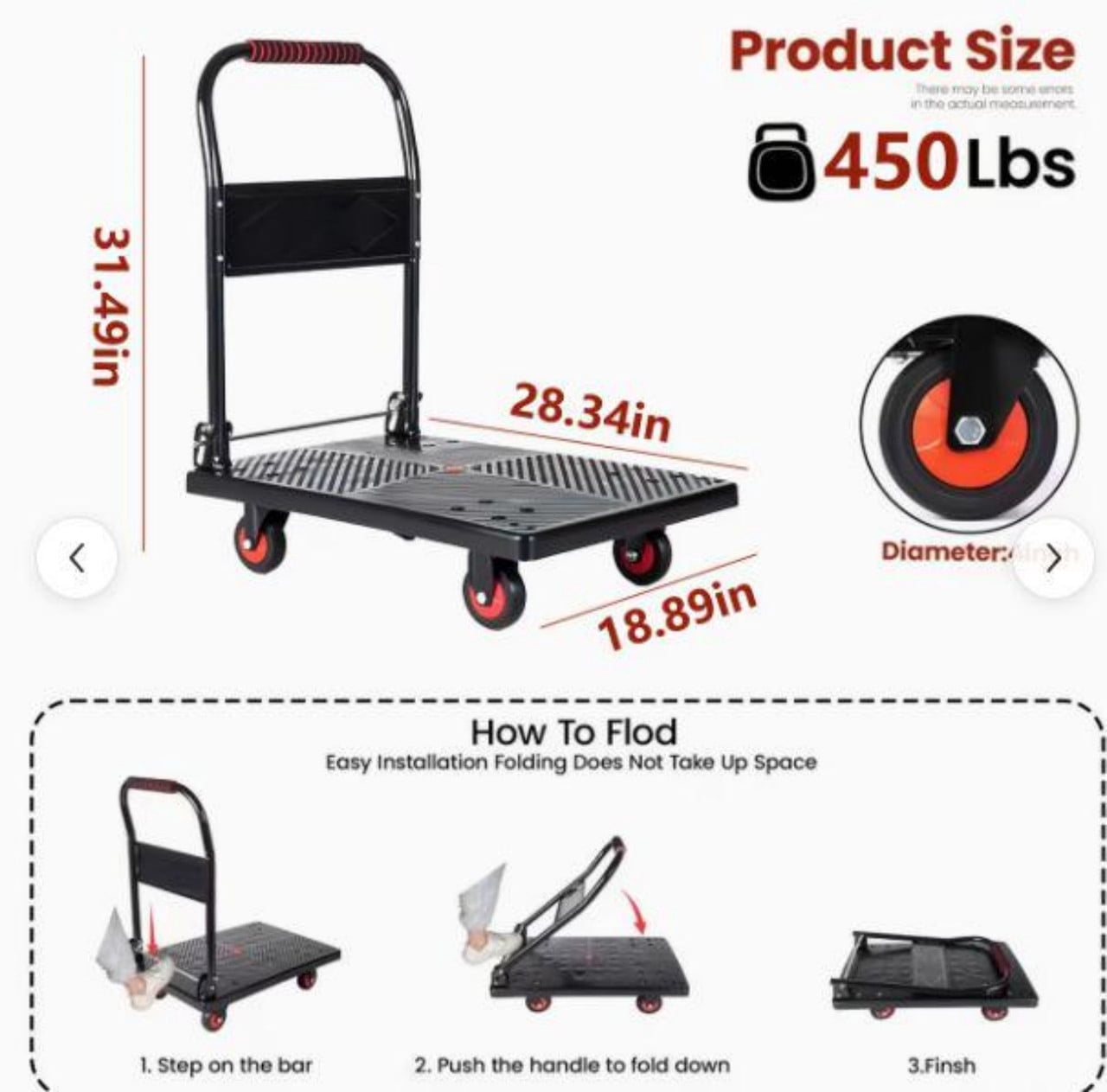 Heavy Duty Foldable Platform Push Cart Dolly, Space Saving Hand Truck with 4" Silent Wheels, Moving Platform Cart for Warehouse, Yard, Transport